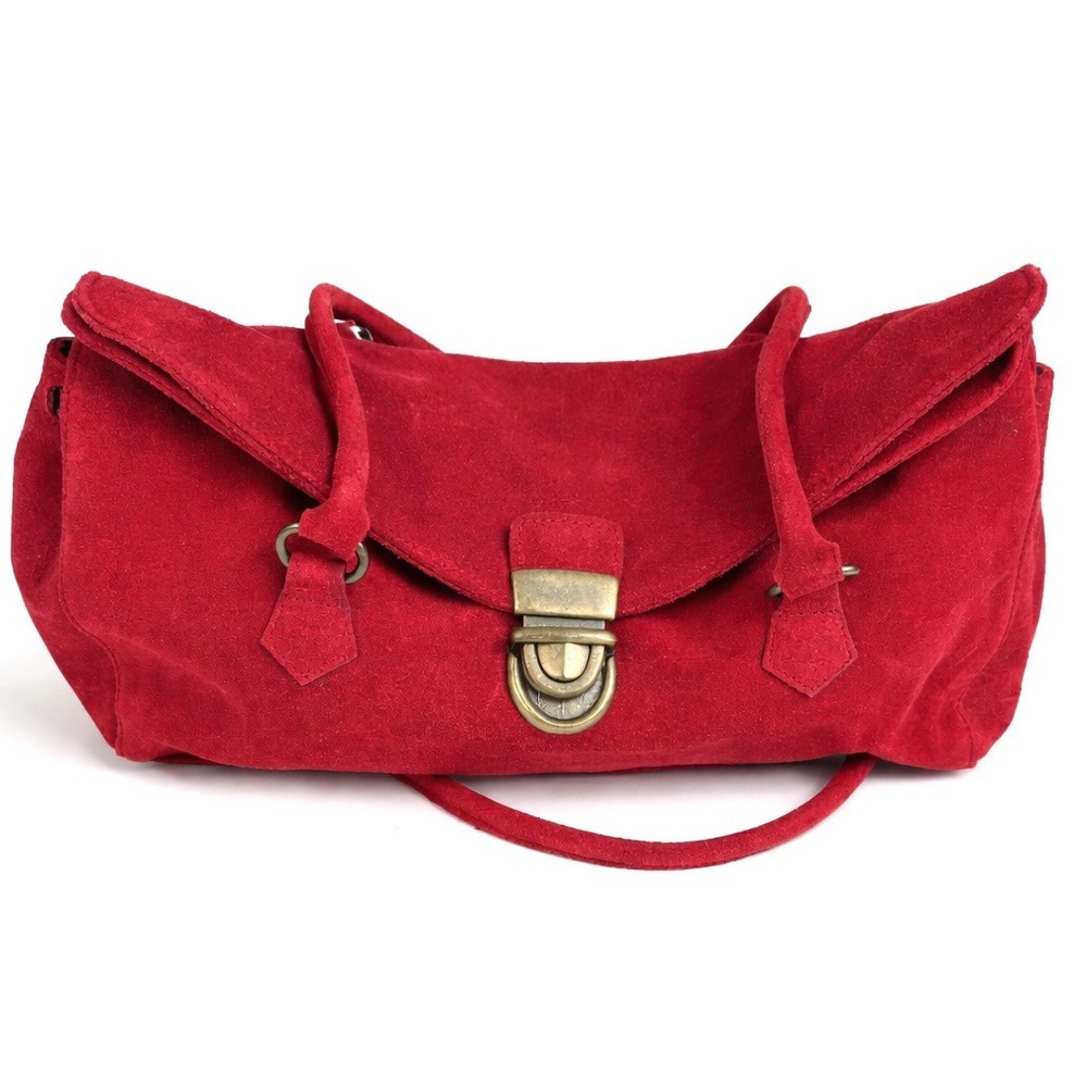 Vintage 90s Newport News Pop of Red Suede East West Brass Push Lock Satchel